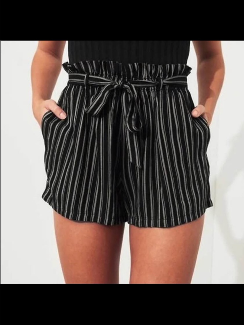 Hollister Black and White Striped Paperbag Waist Shorts